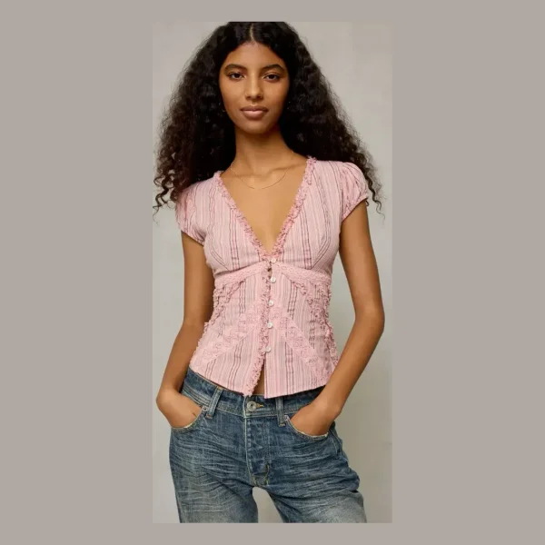 Kimchi Blue Robyn Ruffle + Lace Trim Puff Sleeve Button-Up Blouse