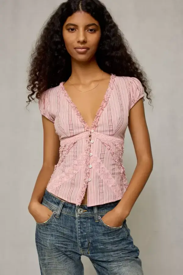 Kimchi Blue Robyn Ruffle + Lace Trim Puff Sleeve Button-Up Blouse