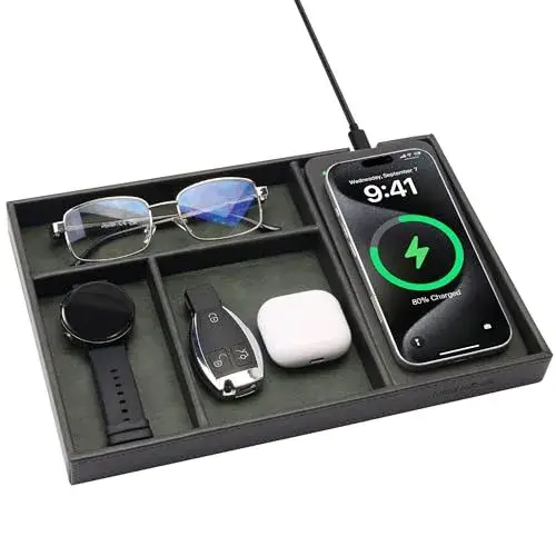 Valet Tray, Built in Wireless Charging Pad, Nightstand Organizer, Two-Toned Premium Vegan Leather Desk Bedside Caddy Organizer Tray for Keys, Watch, Wallet, Jewelry (Black+Green)