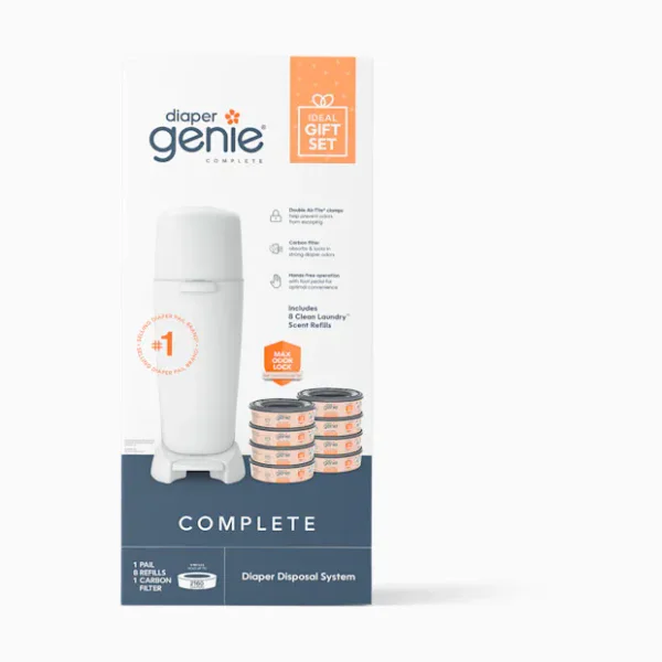 Diaper Genie Complete Diaper Pail Registry Gift Set with 8 Refill Bags - White, Clean Laundry