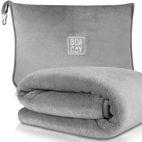 BOACAY Soft & Warm Travel Blanket for Airplane & Car - Long Flight Essential for Women, Men, Kids - Compact Pillow with Luggage Sleeve & Backpack Clip