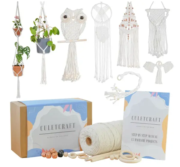 Macrame Kit for Beginners 153pc, 15 Projects Book, 164yd Cotton Macrame Cord, Wooden Beads & Sticks, Wooden & Metal Rings, Gift Box, Book & Accessories, Perfect Macrame Starter Kit