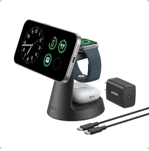 Anker MagSafe Charger Compatible, MagGo 3-in-1 Charging Station, Nano Charging Stand, Qi2 Certified 15W Magnetic Wireless Charger Dock, for iPhone 17/16/15/14, Apple Watch, AirPods (Adapter Included)