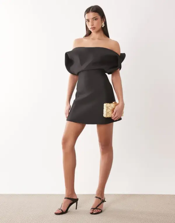 ASOS DESIGN structured bardot mini dress in black scuba-style fabric