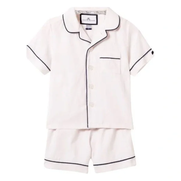 Kid's Twill Pajama Short Set in White with Navy Piping