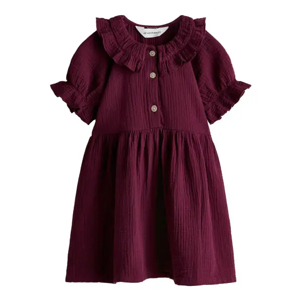 Cotton Muslin Dress with Round Ruffle-Trimmed Collar