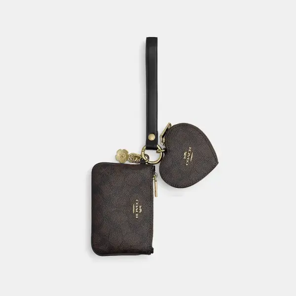 Coach Outlet Wristlet And Heart Pouch In Signature Canvas With Charm - Women's Wristlets - Gold/walnut/black