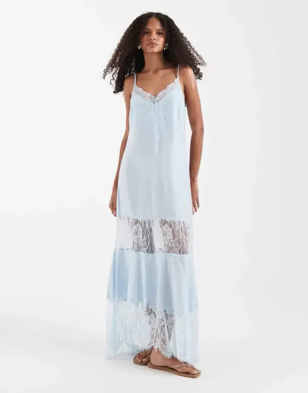 ASOS DESIGN lace inserts handkerchief hem maxi dress in blue