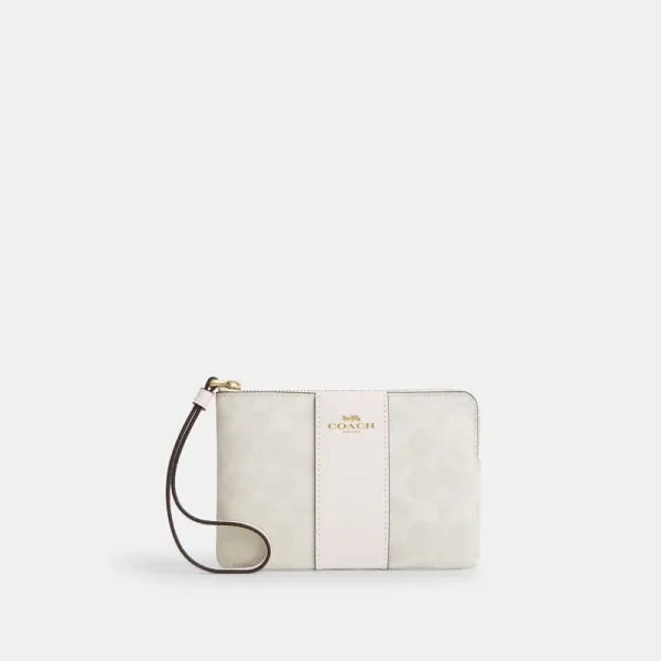Coach Outlet Corner Zip Wristlet In Signature Canvas With Stripe - Women's Wristlets - Gold/white/chalk, Size: Small Wristlet