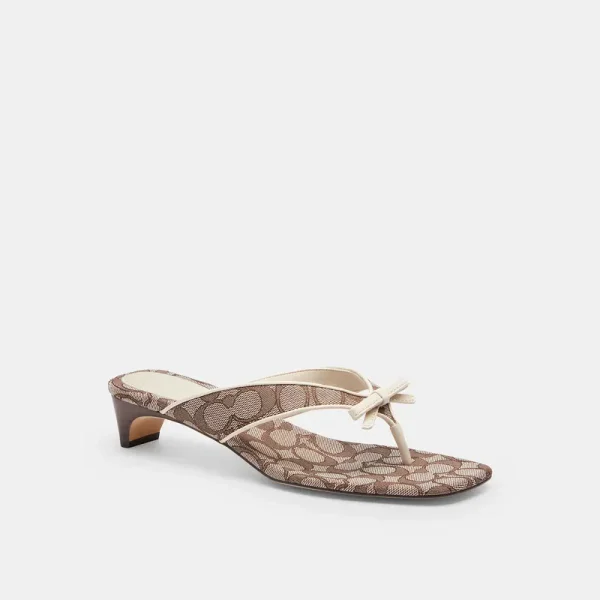 Coach Outlet Bow Thong Kitten Heel In Signature Jacquard - Women's Sandals - Oak/chalk, Size: 9.5