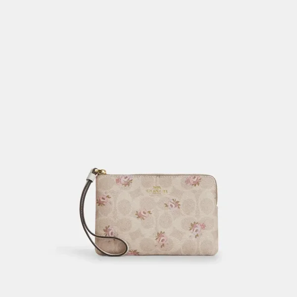 Coach Outlet Corner Zip Wristlet In Signature Canvas With Floral Print - Women's Wristlets - Gold/sand Multi, Size: Small Wristlet