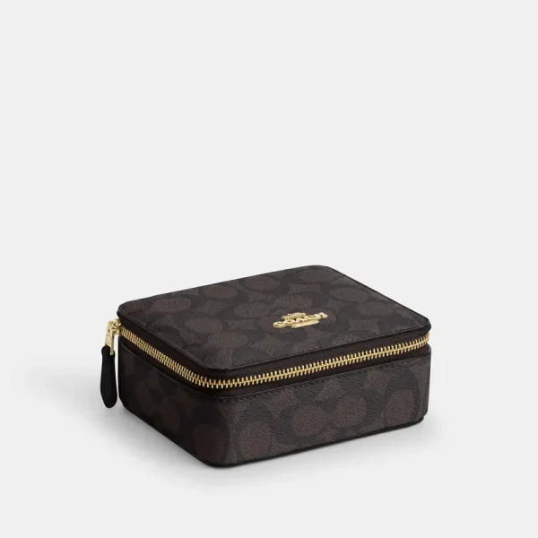 Coach Outlet Large Jewelry Box In Signature Canvas - Gold/walnut/black