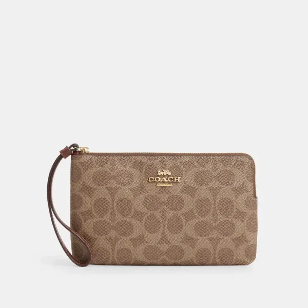 Coach Outlet Large Corner Zip Wristlet In Signature Canvas - Women's Wristlets - Gold/tan/brown, Size: Large Wristlet
