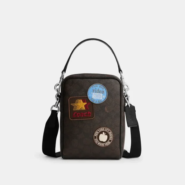 Coach Outlet Tristan Crossbody Bag 14 In Signature Canvas With Patches - Men's Bags - Silver/walnut/black, Size: Small