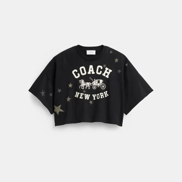 Coach Star Short Sleeve Wide Cropped Crewneck T-Shirt In Organic Cotton - Women's T-Shirts - Size Small - Black